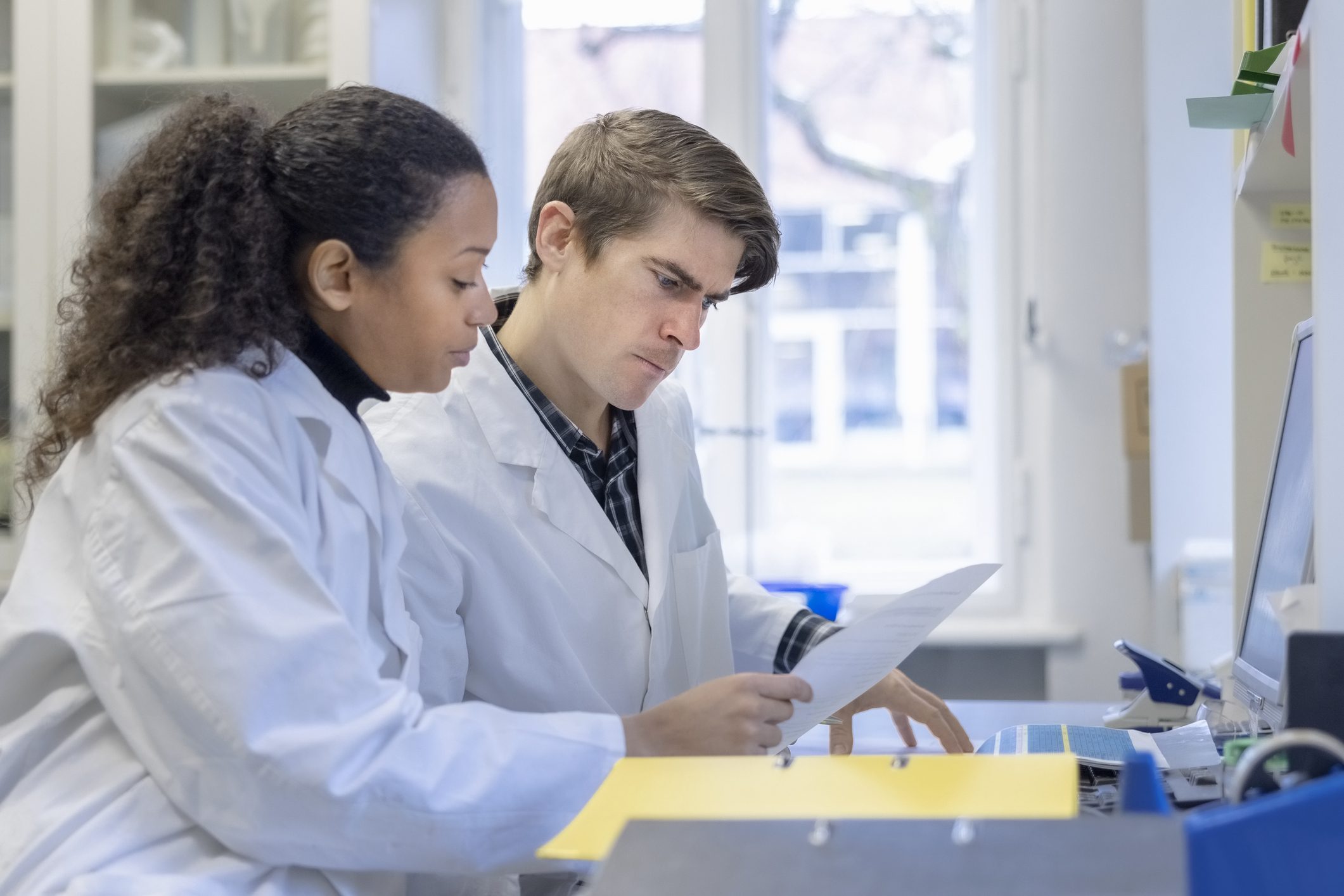 Researchers reviewing documents at a desk
