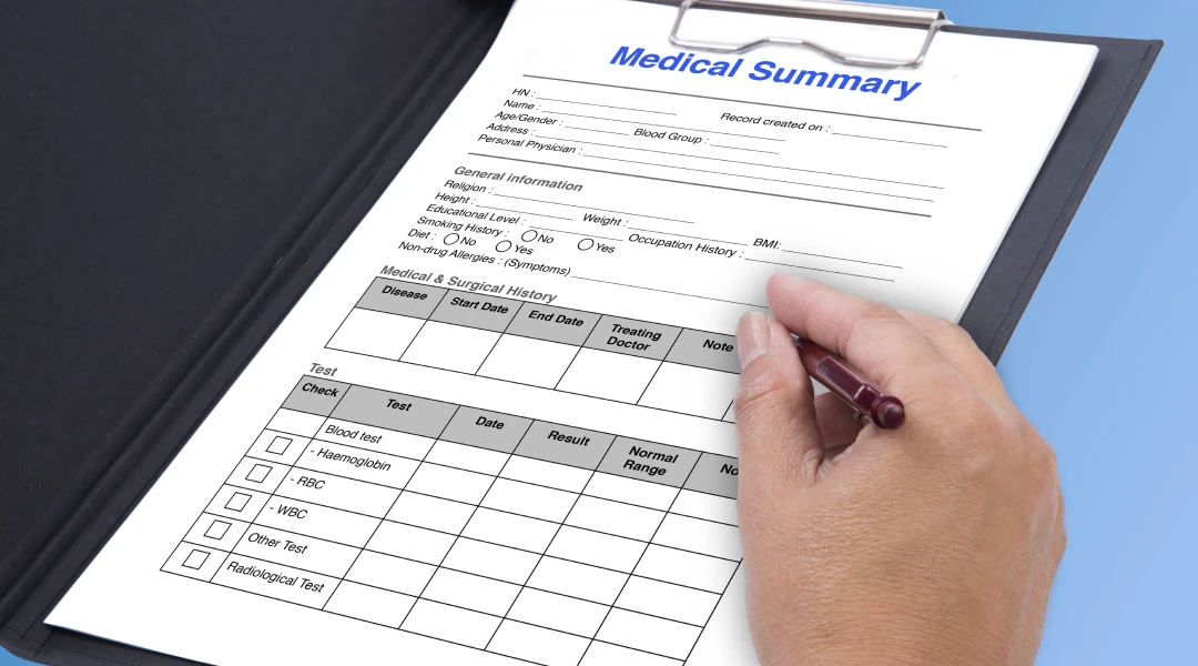 Medical summary form being filled out